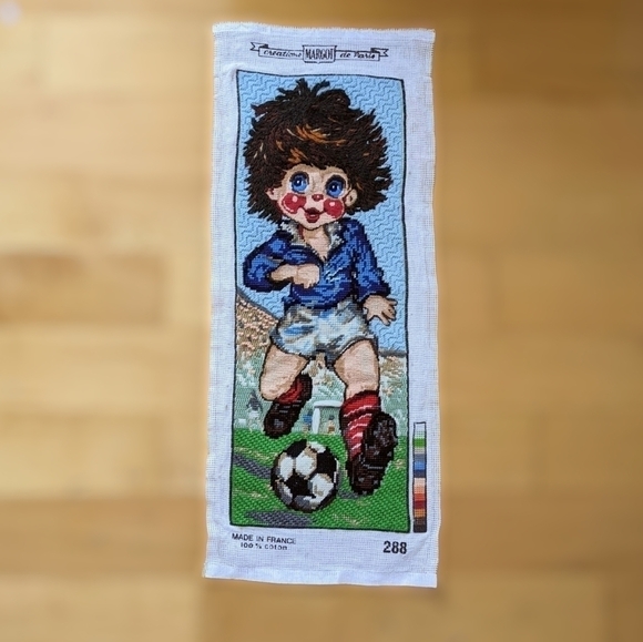 VINTAGE Big Eye Boy Needlepoint Soccer Player Completed embroidery Retro @K - Picture 1 of 8
